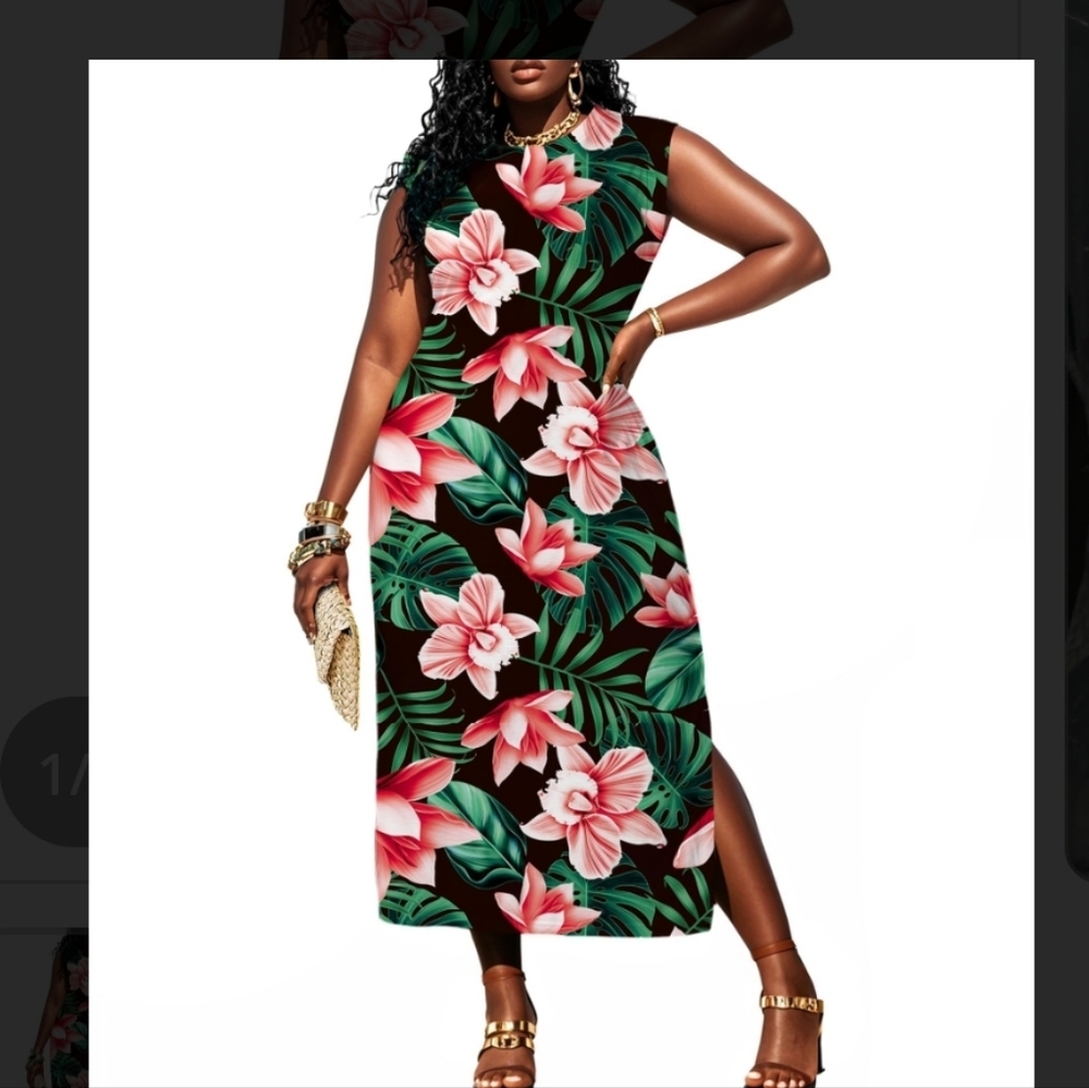 Uoua Women's Plus Size 3X Curvy Tank Dress Hawaiian Tropical Loose Split Hem